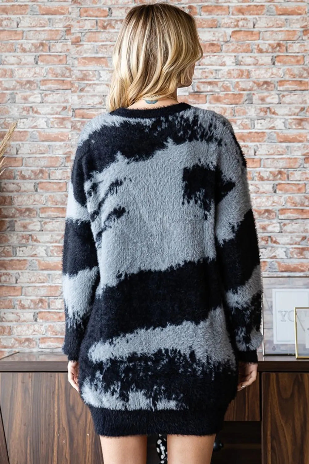 First Love Full Size Abstract Pattern Contrast Feather Yarn Sweater - LoveNest Treasures