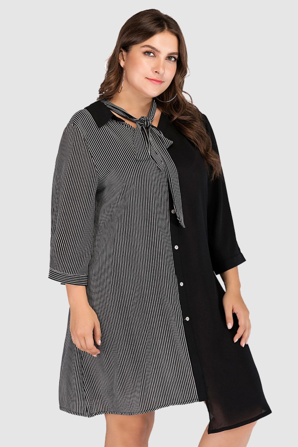 Plus Size Striped Color Block Tie-Neck Dress - LoveNest Treasures