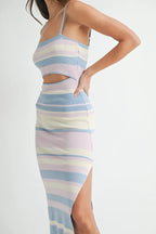 MABLE Multi Color Striped Front Cutout Knit Midi Dress - LoveNest Treasures
