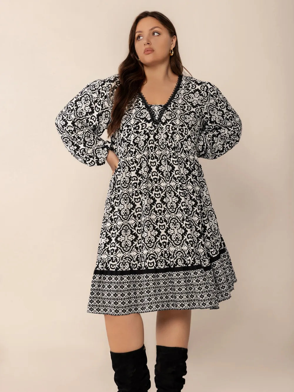Plus Size Lace Detail Printed Balloon Sleeve Dress - LoveNest Treasures