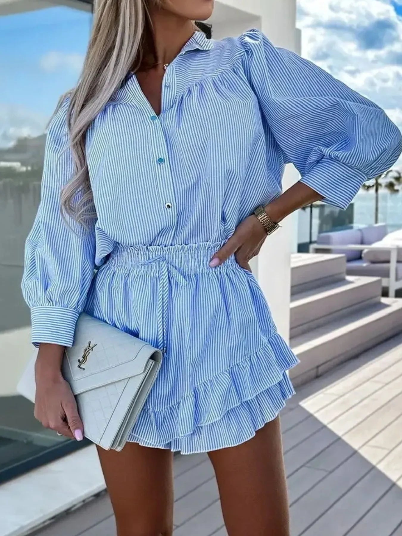 Striped Shirt and Skirt Set with Ruffle Details - LoveNest Treasures