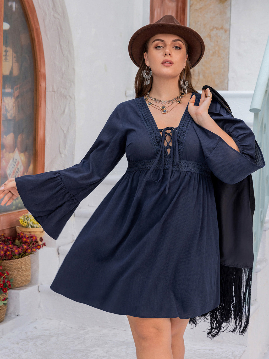 Plus Size Tie Front V-Neck Flare Sleeve Dress - LoveNest Treasures