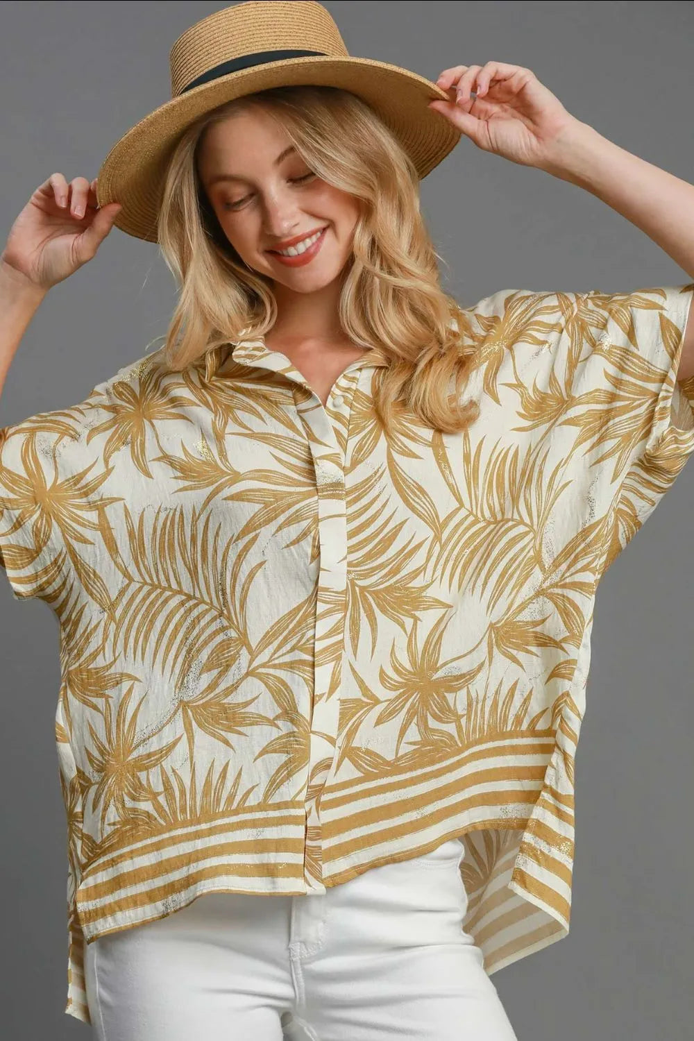 Umgee Full Size Tropical Print Button Down Shirt Plus Size - LoveNest Treasures