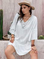 Plus Size Lace Detail Tie Neck Three-Quarter Sleeve Mini Dress - LoveNest Treasures