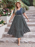 Plus Size Printed V-Neck Flutter Sleeve Midi Dress - LoveNest Treasures