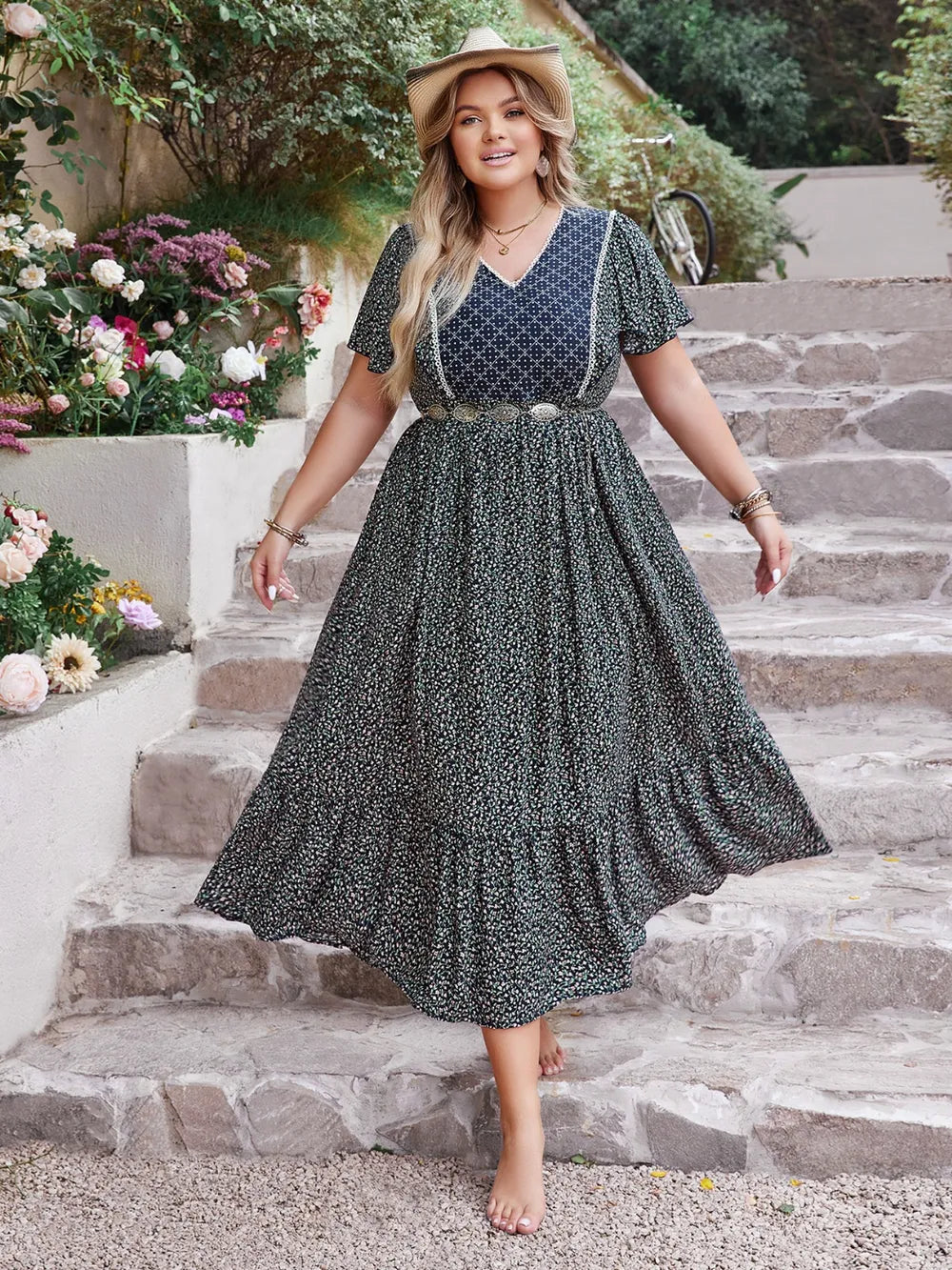 Plus Size Printed V-Neck Flutter Sleeve Midi Dress - LoveNest Treasures