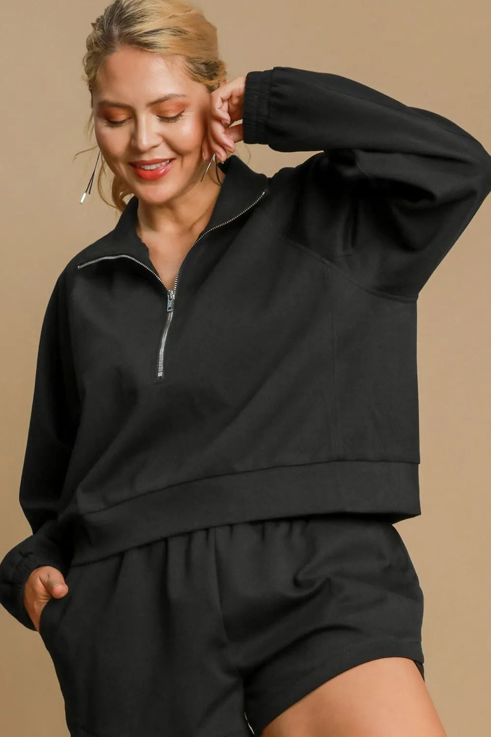 Umgee Full Size Half Zip Cropped Sweatshirt Plus Size - LoveNest Treasures