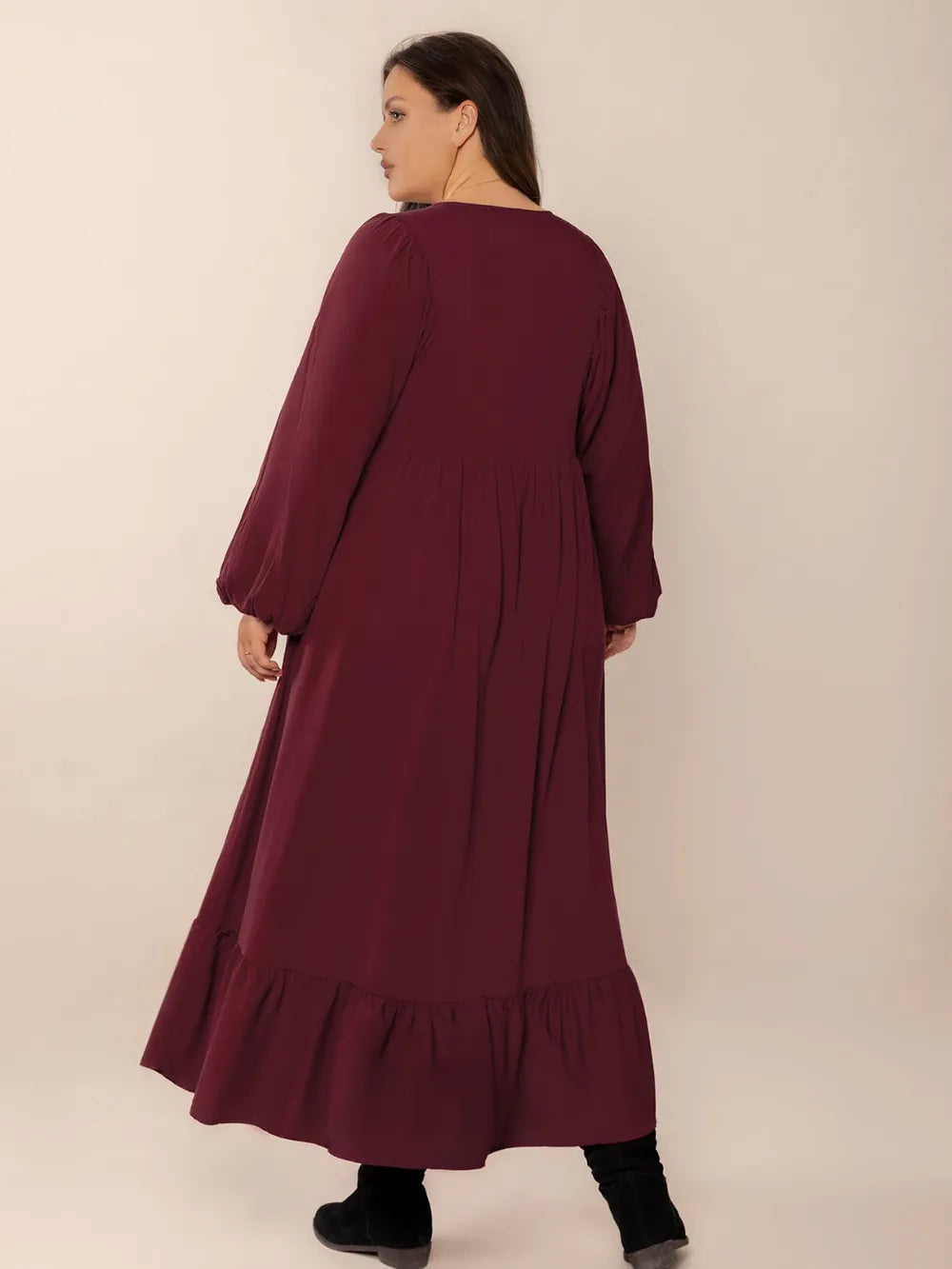 Plus Size Ruffled Hem V-Neck Balloon Sleeve Dress - LoveNest Treasures