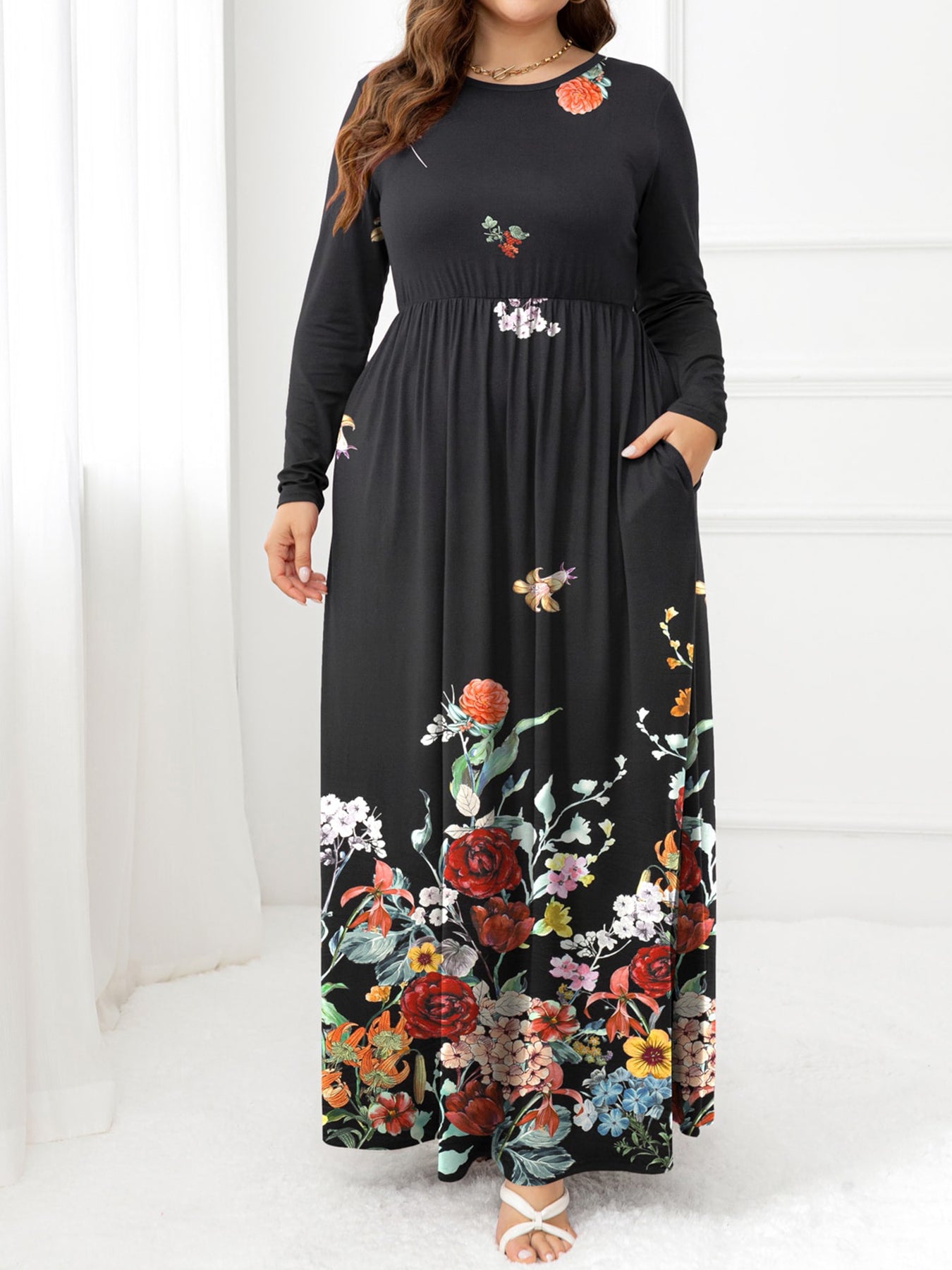Plus Size Round Neck Maxi Dress with Pockets - LoveNest Treasures