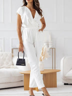 Surplice Cap Sleeve Tie Waist Jumpsuit - LoveNest Treasures