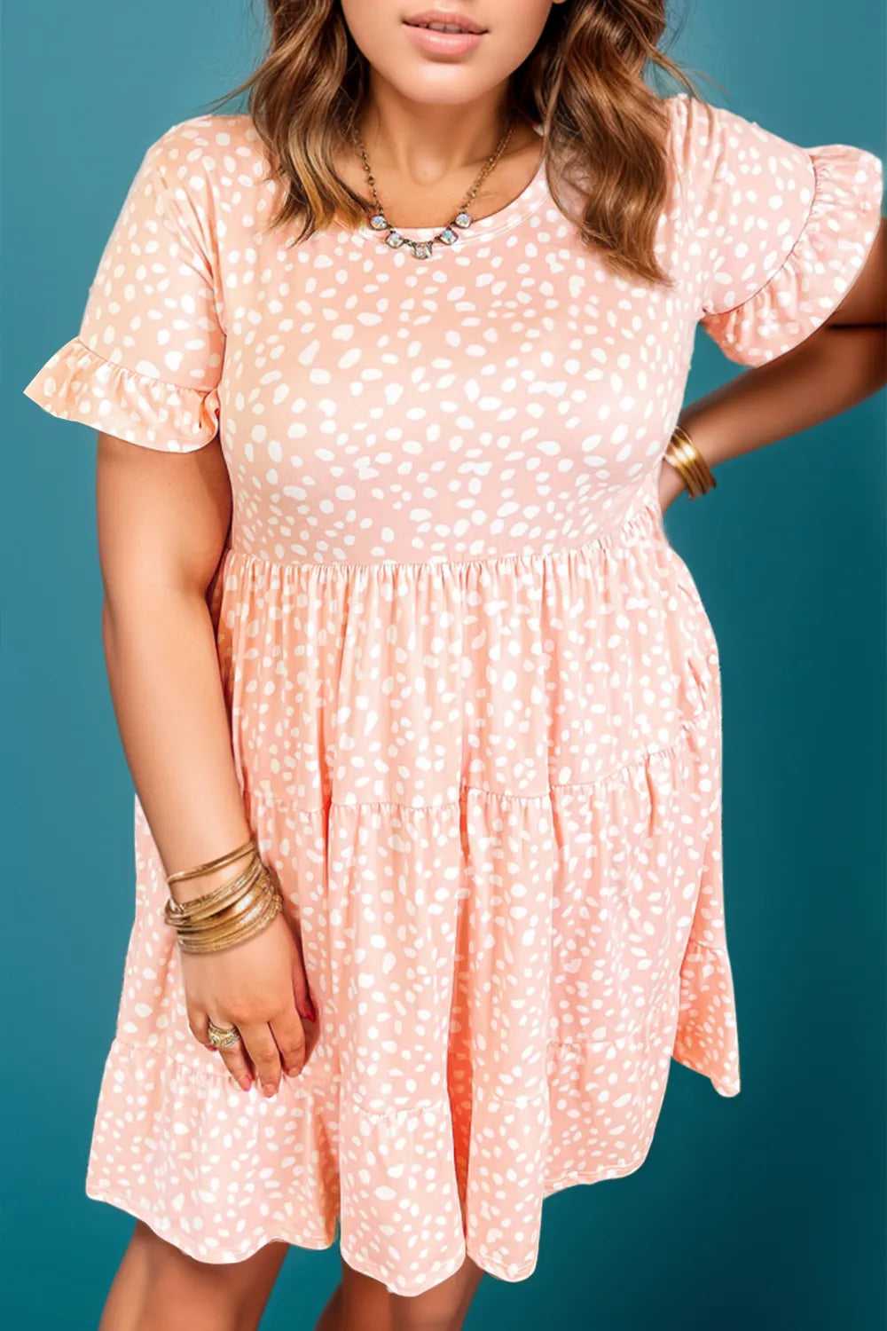 Plus Size Printed Round Neck Flounce Sleeve Mini Dress - LoveNest Treasures