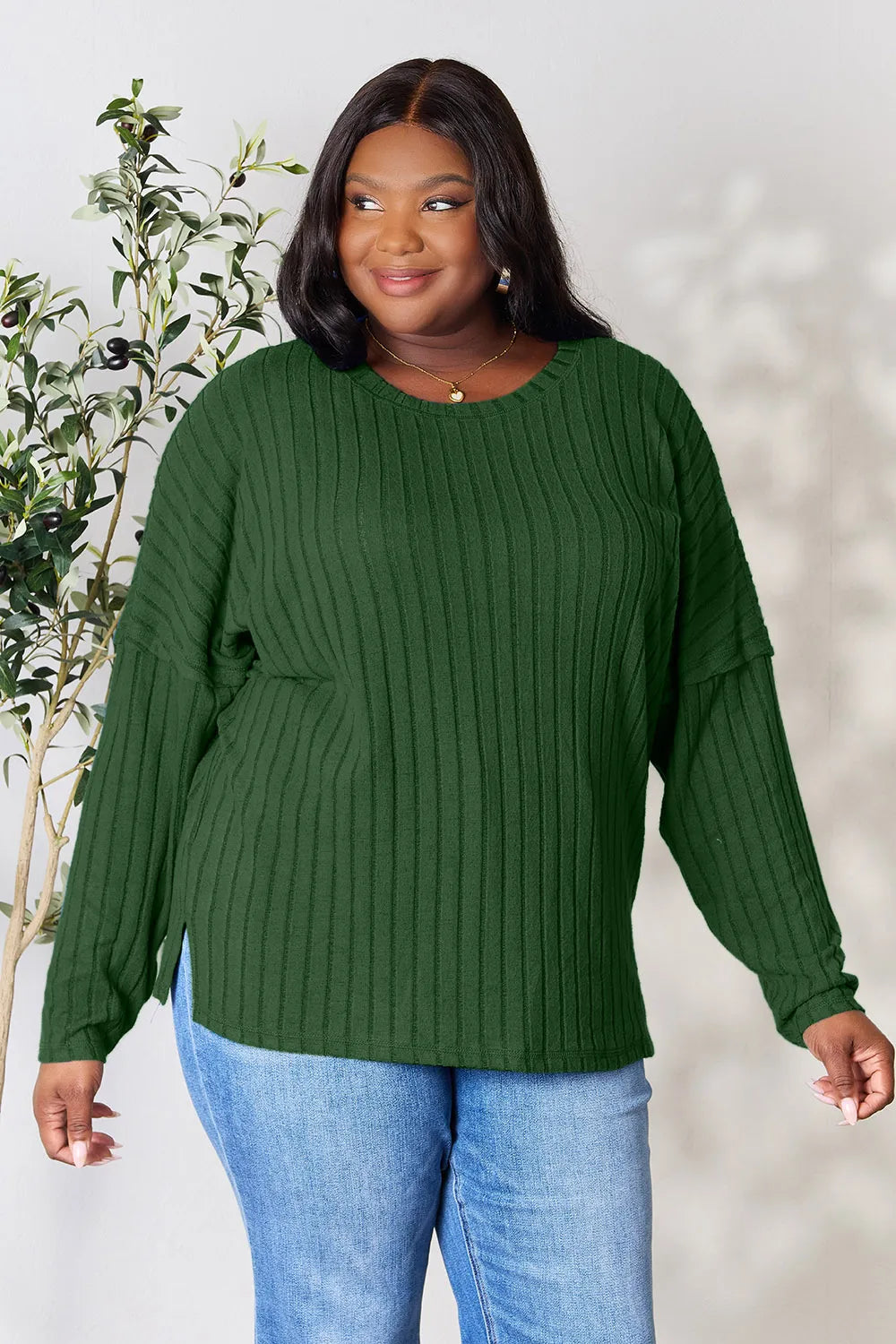 Basic Bae Full Size Ribbed Round Neck Slit Knit Top - LoveNest Treasures