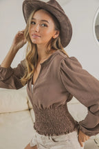 BiBi Smoking Waist Band and Puff Sleeves Deep V Neck Top - LoveNest Treasures