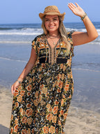 Plus Size Printed V-Neck Ruffle Cap Sleeve Maxi Dress - LoveNest Treasures