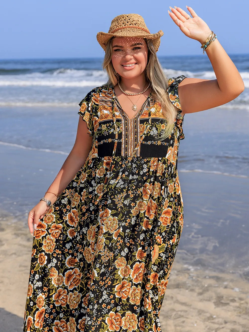 Plus Size Printed V-Neck Ruffle Cap Sleeve Maxi Dress - LoveNest Treasures