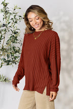 Basic Bae Full Size Ribbed Round Neck Slit Knit Top - LoveNest Treasures