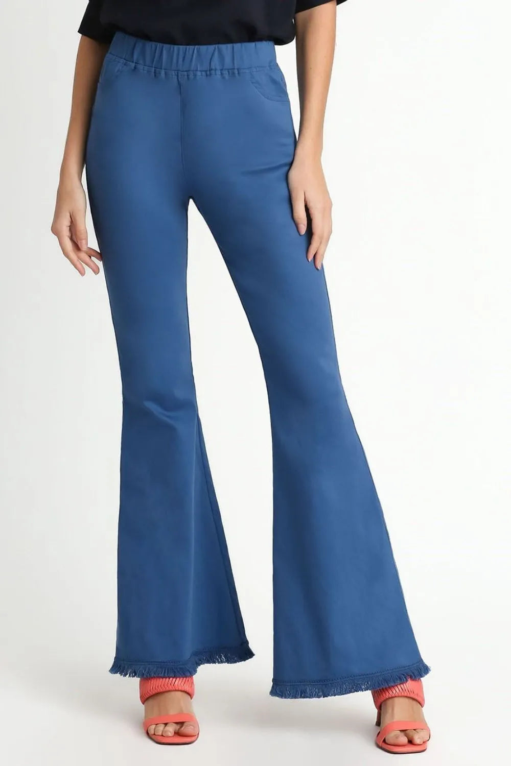 Umgee Full Size Wide Flare Leg Stretch Pants with Frayed Hem Plus Size - LoveNest Treasures