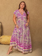 Plus Size Printed V-Neck Cap Sleeve Maxi Dress - LoveNest Treasures