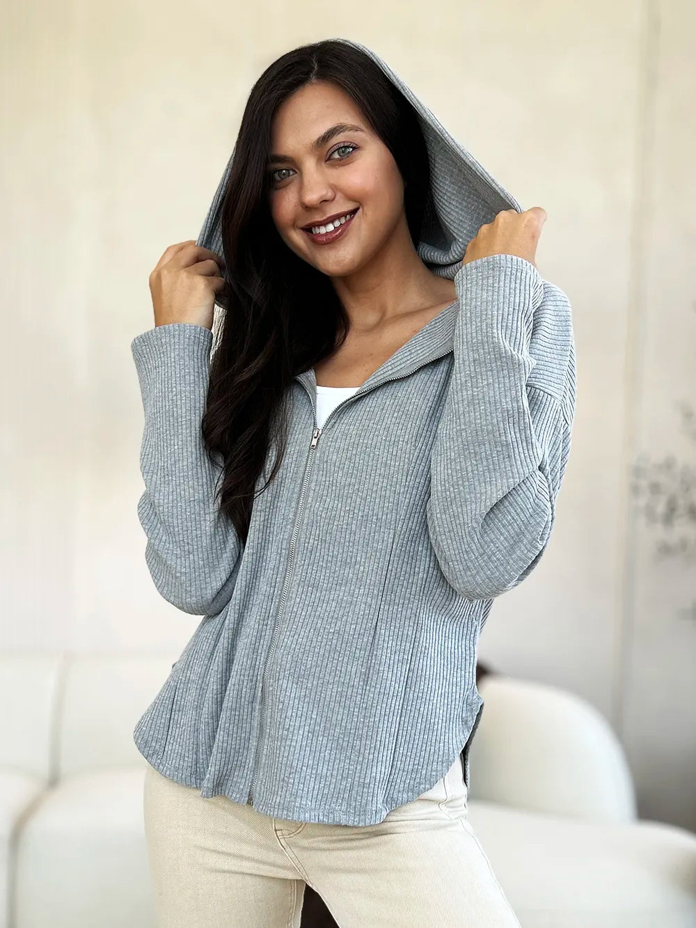 Culture Code Full Size Ribbed Zip Up Drawstring Hooded Jacket - LoveNest Treasures