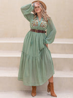 Plus Size Tassel Printed Tie Neck Long Sleeve Midi Dress - LoveNest Treasures