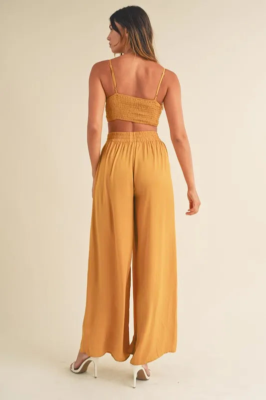 MABLE Smocked Bralette Crop Top and Wide Leg Pants Set - LoveNest Treasures