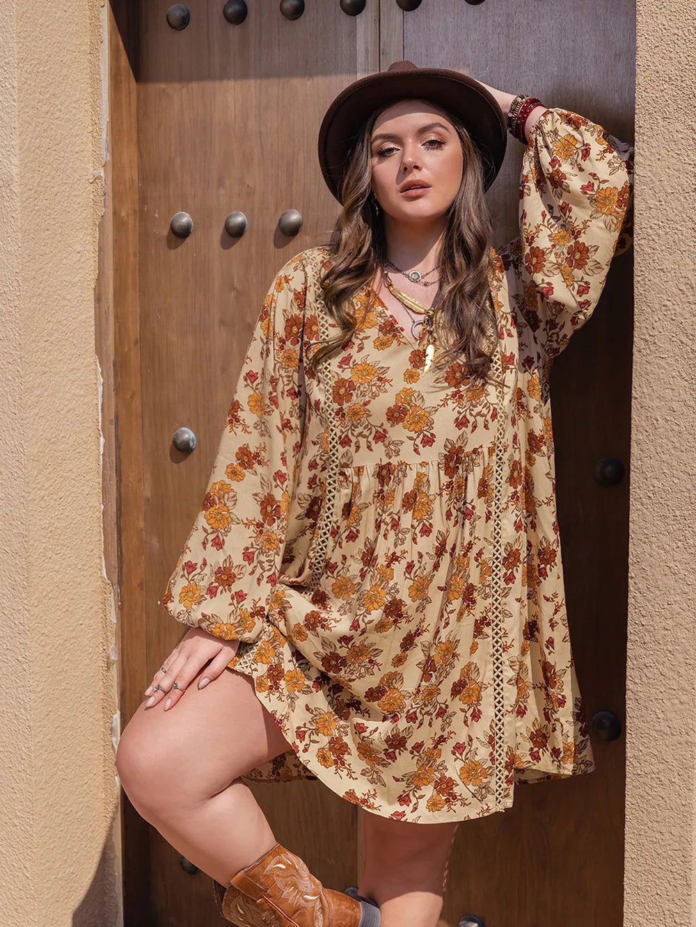 Plus Size Printed V-Neck Balloon Sleeve Mini Dress - LoveNest Treasures