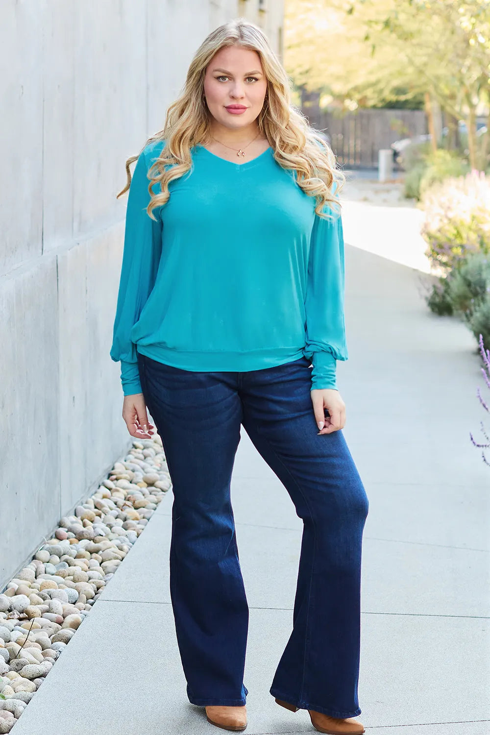 Basic Bae Full Size V-Neck Lantern Sleeve Top - LoveNest Treasures