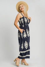 Umgee Full Size Smocked Printed Wide Leg Jumpsuit Plus Size - LoveNest Treasures
