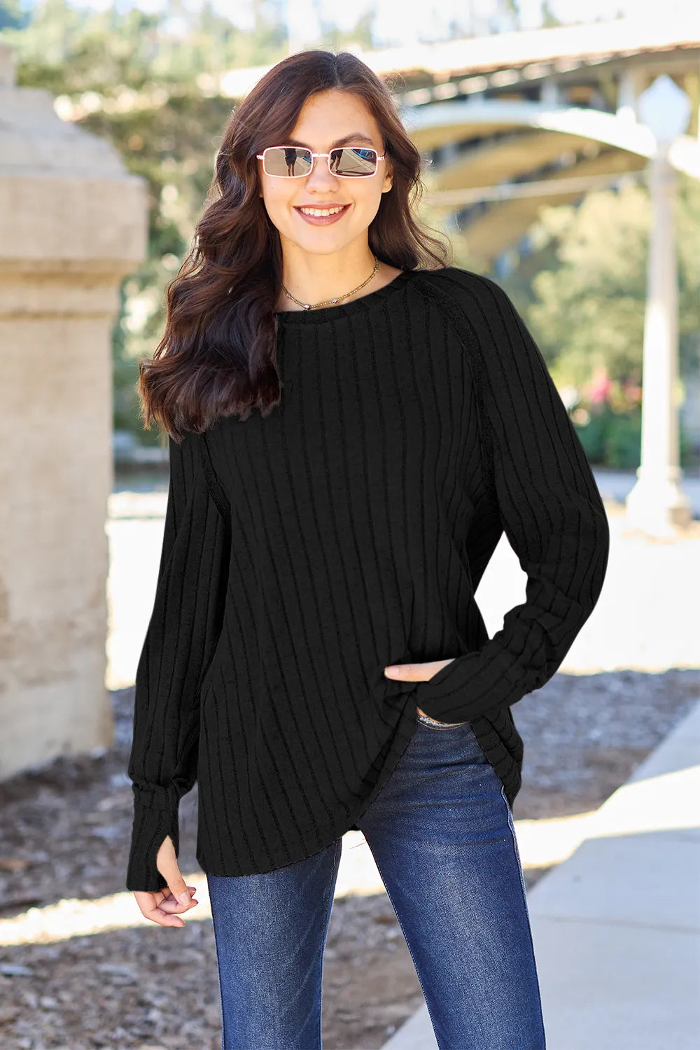 Basic Bae Full Size Ribbed Round Neck Long Sleeve Knit Top - LoveNest Treasures