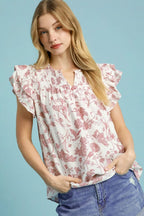 Umgee Full Size Two Tone Boxy Cut Floral Print Blouse Plus Size - LoveNest Treasures