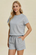 Double Take Full Size Texture Short Sleeve Top and Shorts Set - LoveNest Treasures