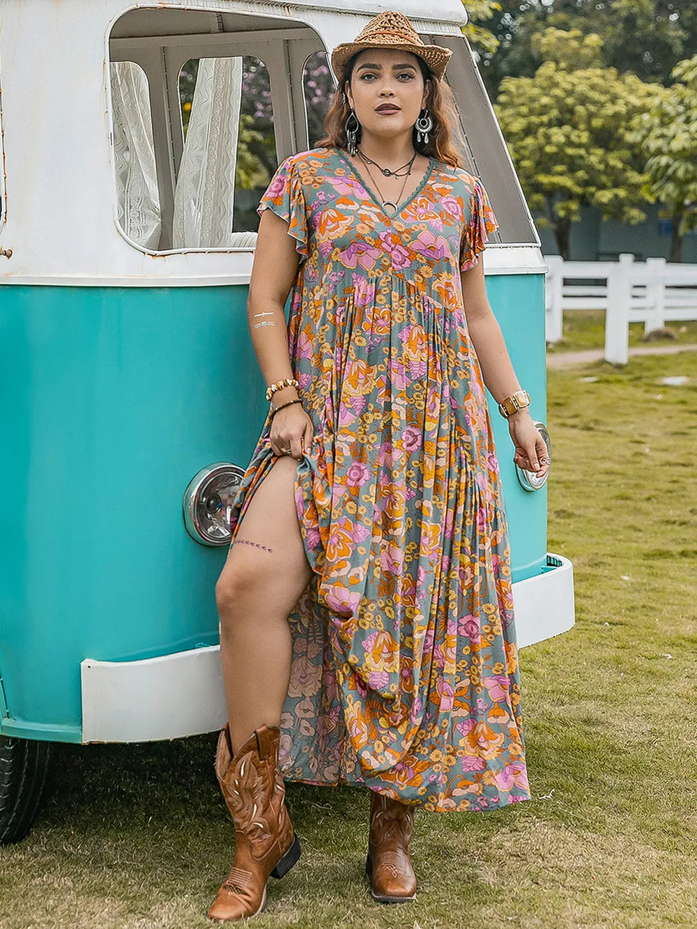 Plus Size Ruffled Printed Cap Sleeve Dress - LoveNest Treasures