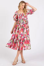 Mittoshop Flower Print Puff Sleeve Ruffle Smocked Midi Dress - LoveNest Treasures