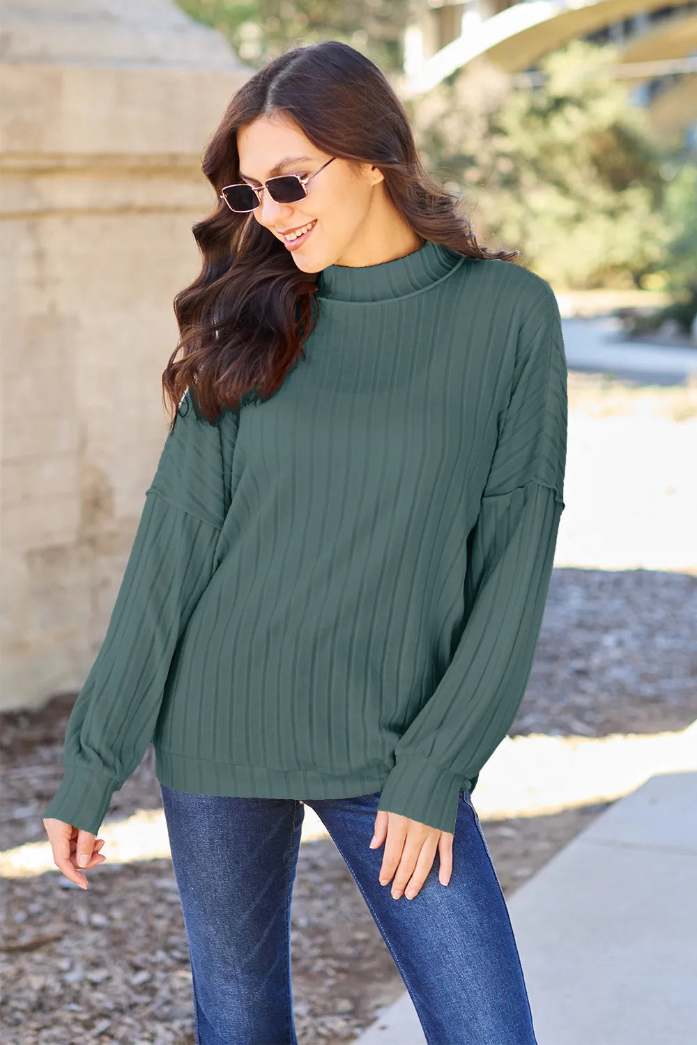 Basic Bae Full Size Ribbed Exposed Seam Mock Neck Knit Top - LoveNest Treasures