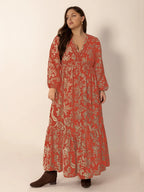 Plus Size Lace Detail Printed Balloon Sleeve Midi Dress - LoveNest Treasures