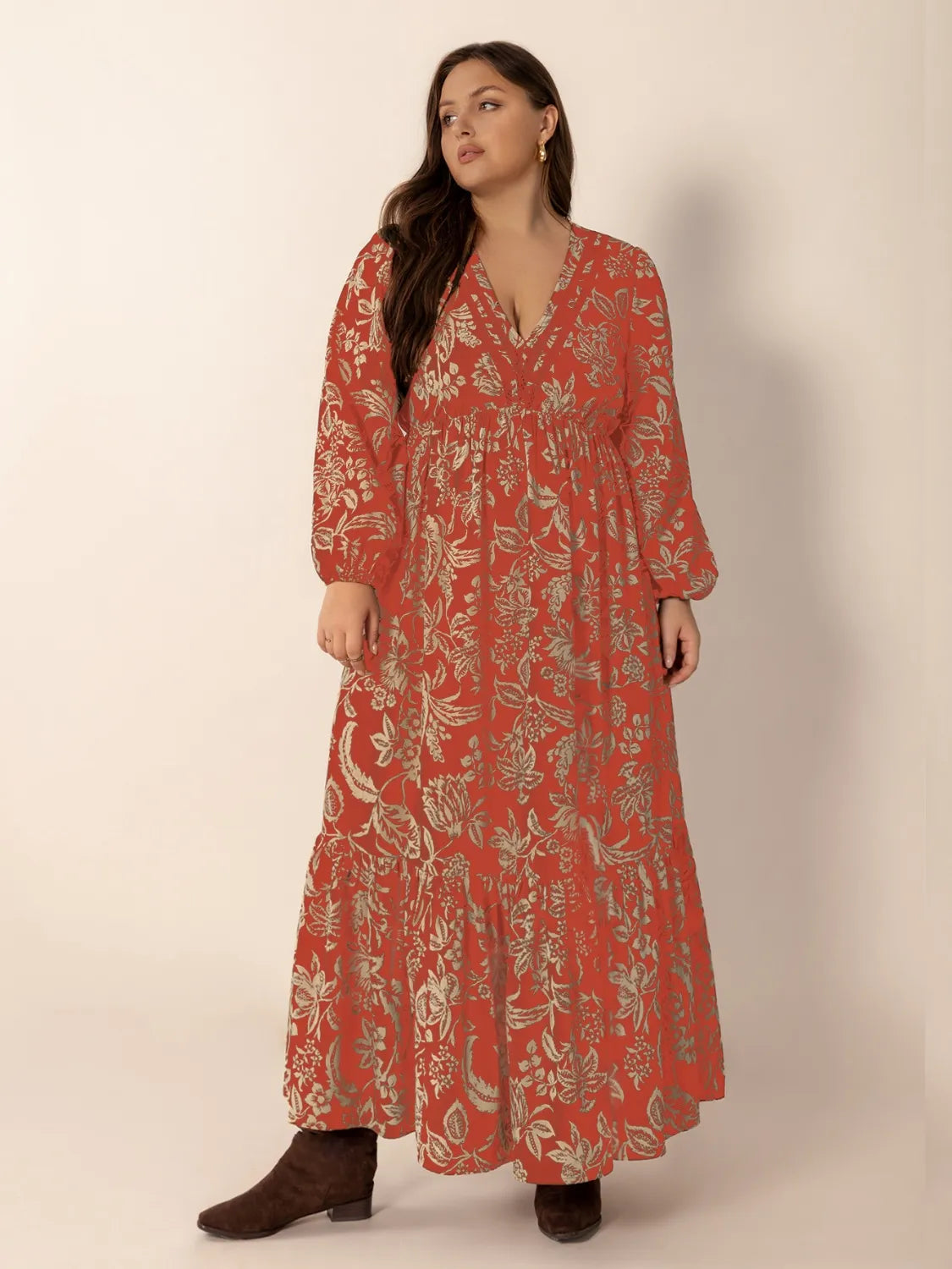Plus Size Lace Detail Printed Balloon Sleeve Midi Dress - LoveNest Treasures
