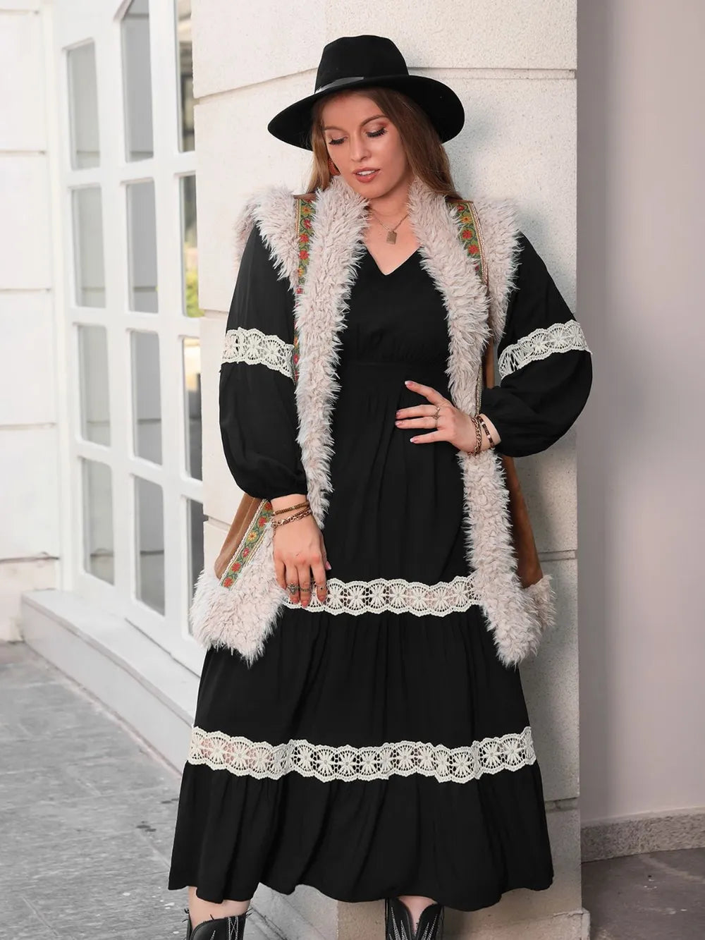 Plus Size Lace Detail V-Neck Long Sleeve Midi Dress - LoveNest Treasures