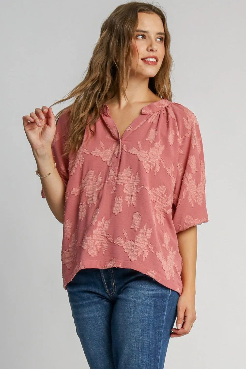 Umgee Full Size Notched Button Detail Half Sleeve Blouse Plus Size - LoveNest Treasures