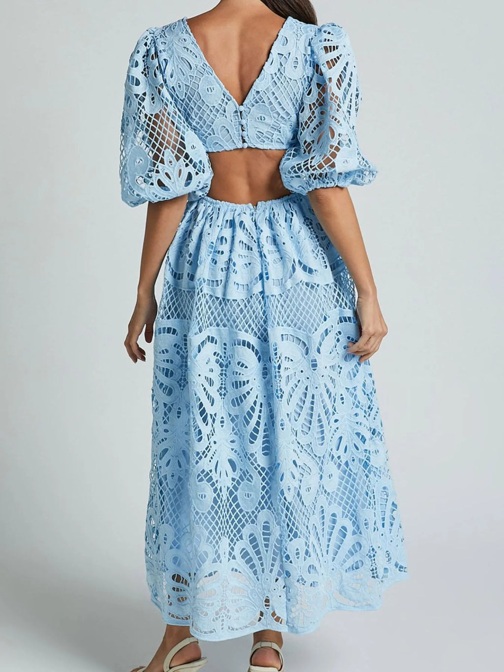 Cutout Back Lace Crochet V-Neck Dress - LoveNest Treasures