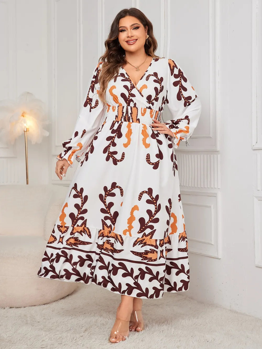 Honey Plus Size Printed Surplice Flounce Sleeve Dress - LoveNest Treasures