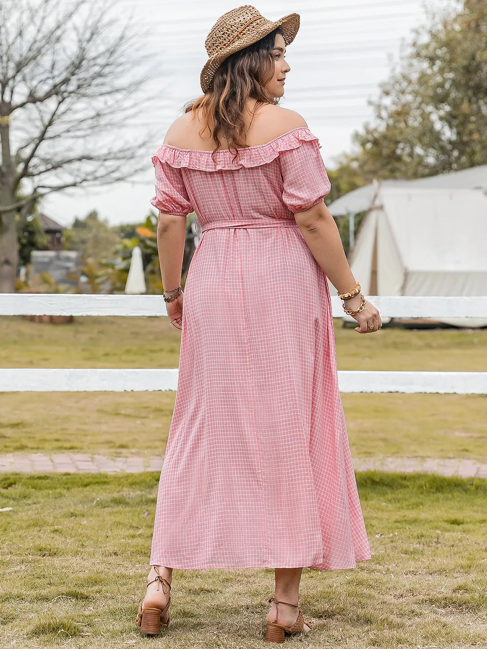 Plus Size Plaid Off-Shoulder Short Sleeve Midi Dress - LoveNest Treasures