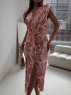 Full Size Slit Printed V-Neck Midi Dress Plus Size - LoveNest Treasures