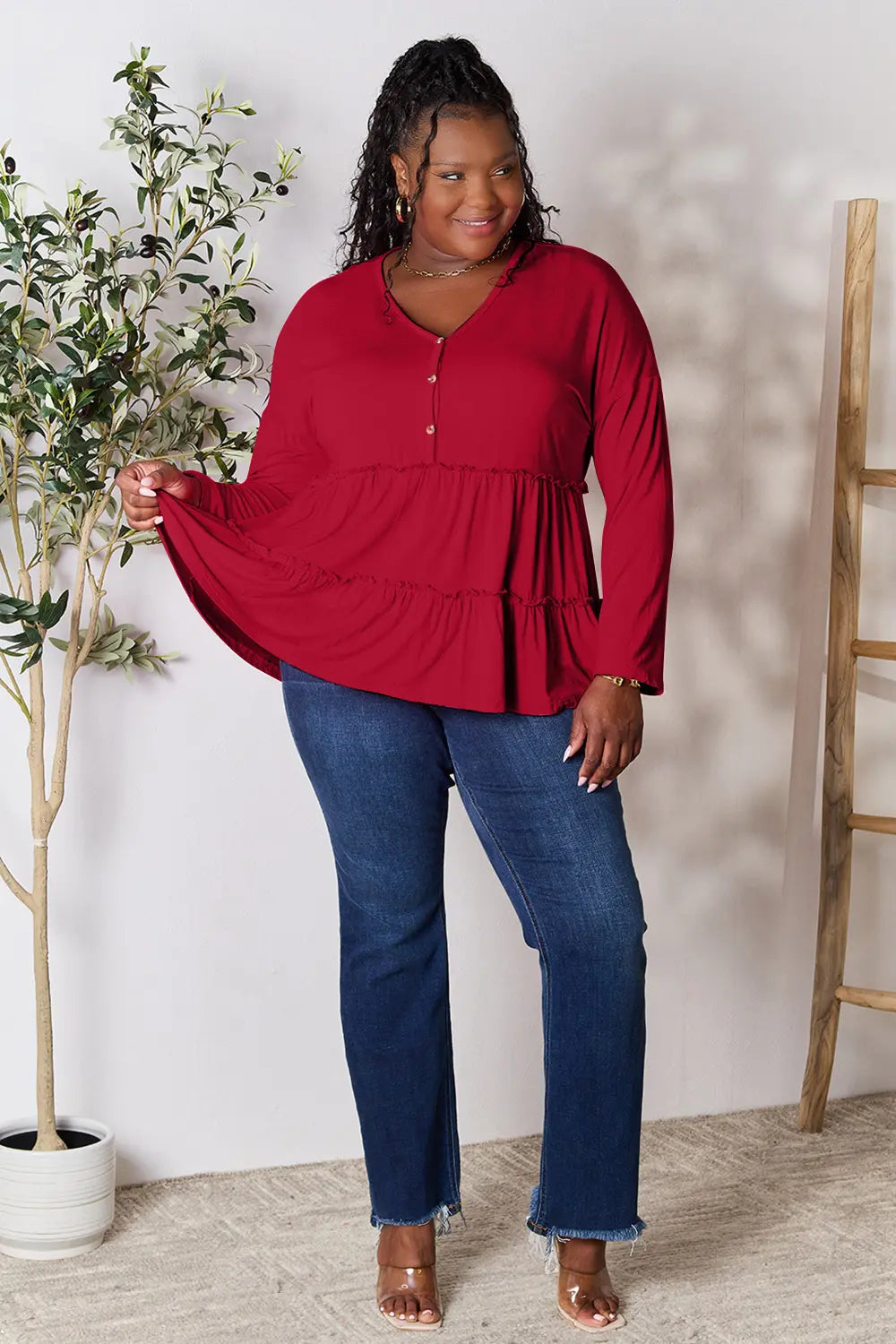 Double Take Half Button Long Sleeve Ruffle Hem Blouse - LoveNest Treasures