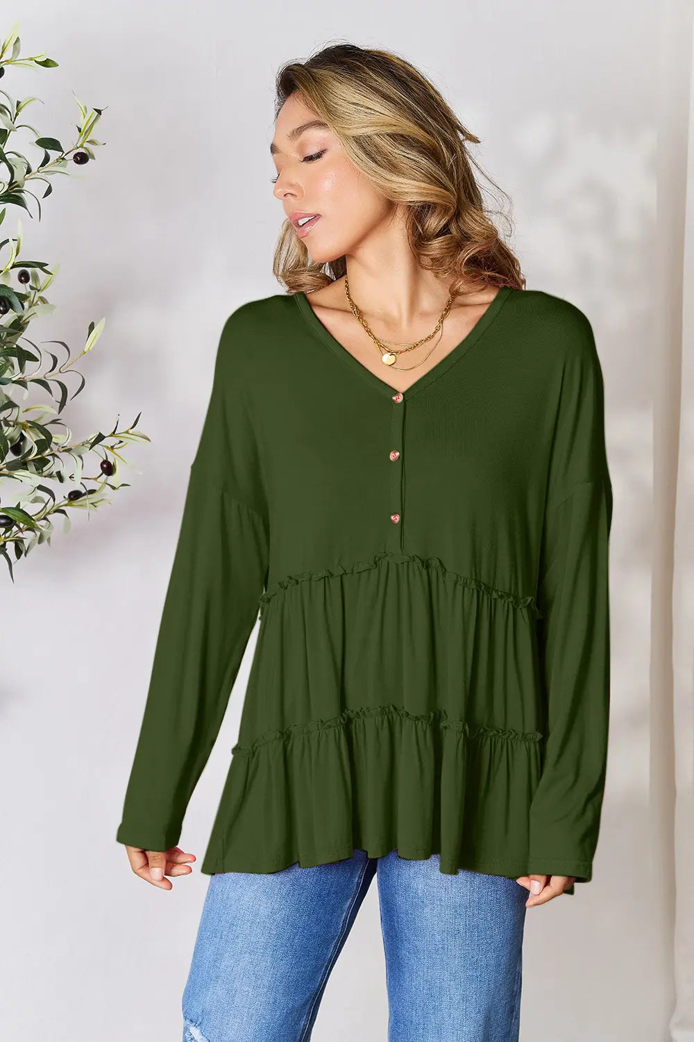 Double Take Half Button Long Sleeve Ruffle Hem Blouse - LoveNest Treasures