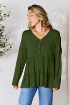Double Take Half Button Long Sleeve Ruffle Hem Blouse - LoveNest Treasures