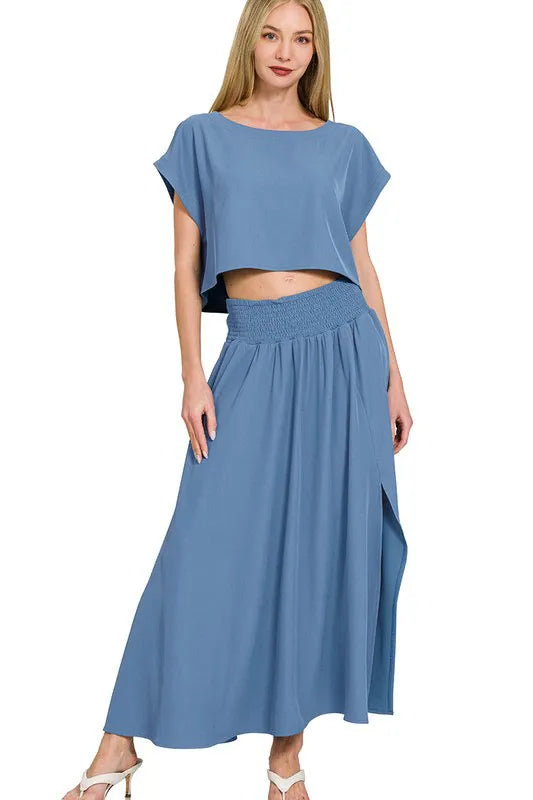 Zenana Heavy Woven Span Crop Tee & Skirt Set - LoveNest Treasures