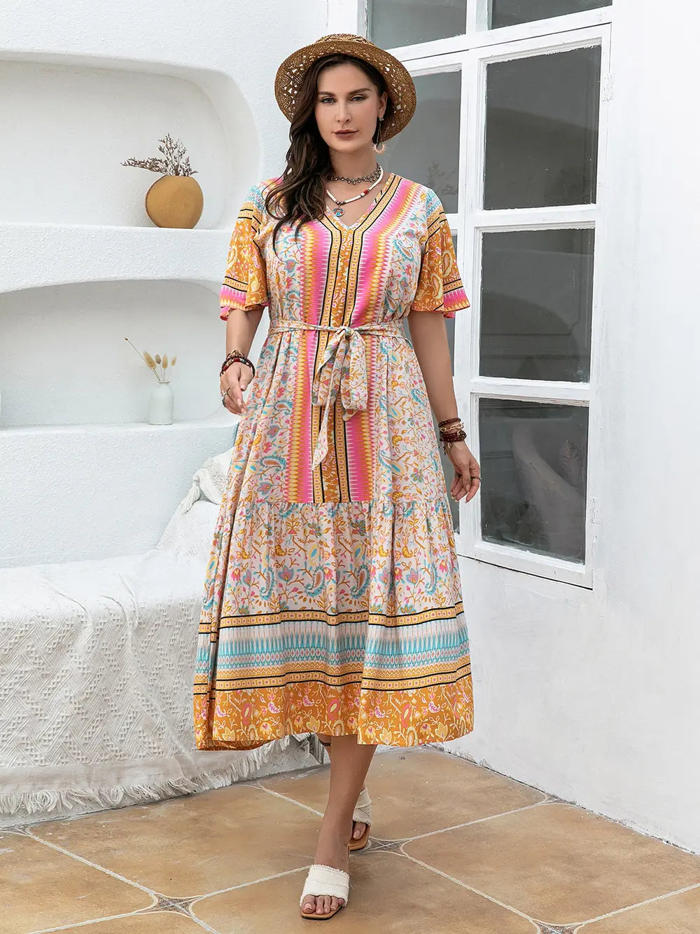 Plus Size Floral Tied Short Sleeve Midi Dress - LoveNest Treasures