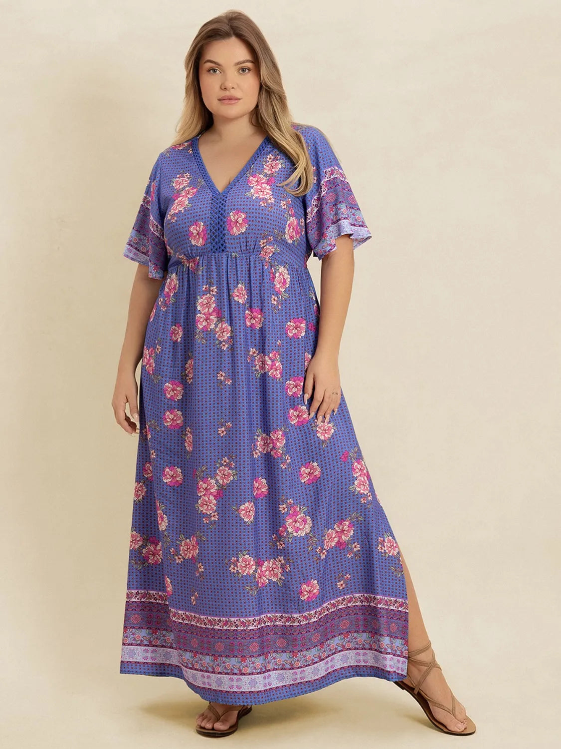 Plus Size Printed V-Neck Flutter Sleeve Dress - LoveNest Treasures