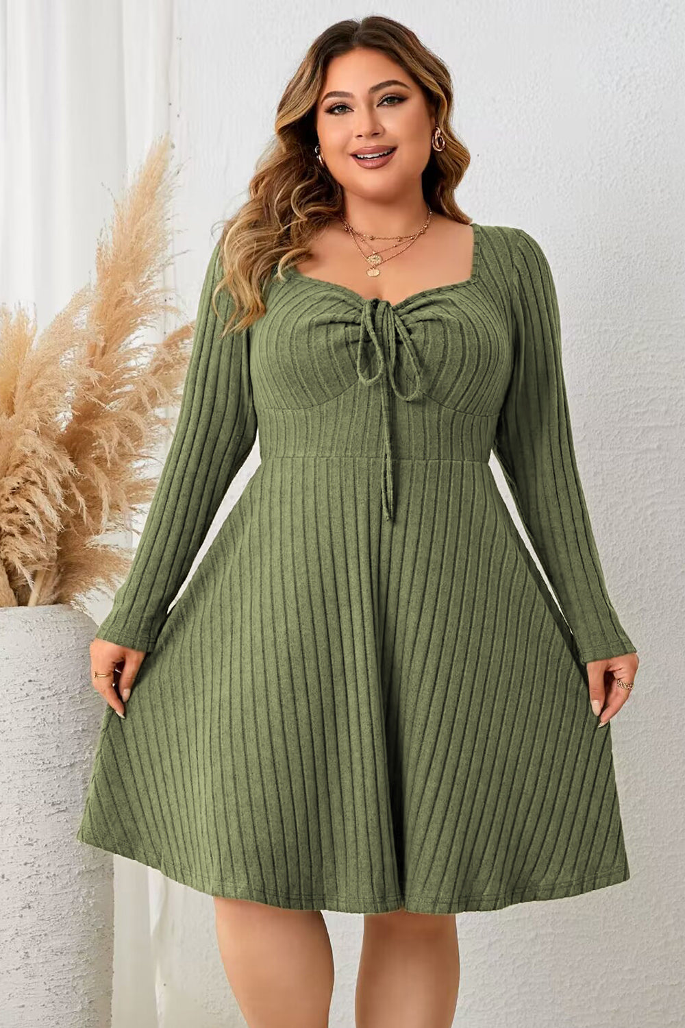 Honey Plus Size Sweetheart Neck Long Sleeve Ribbed Dress - LoveNest Treasures