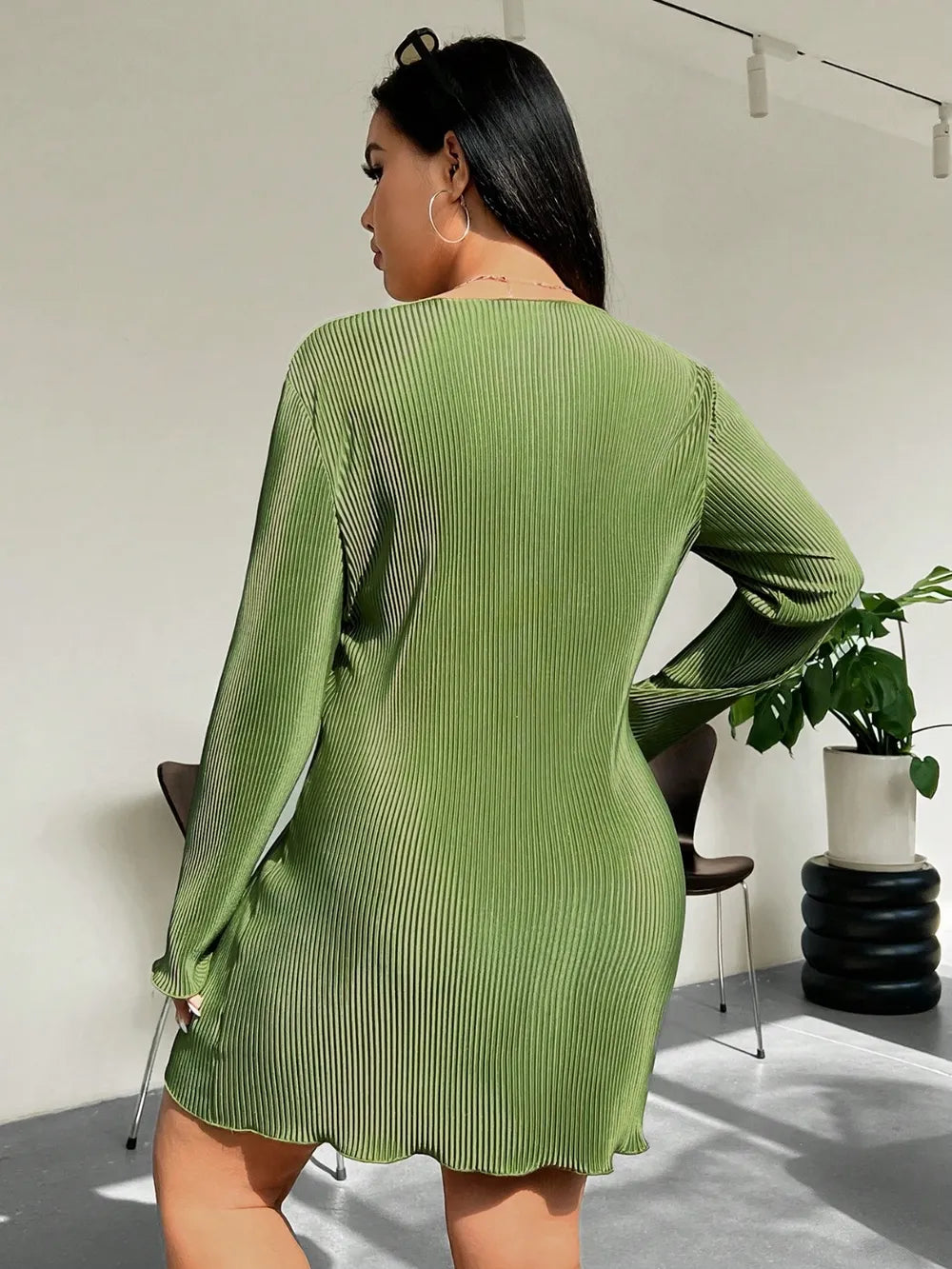Honey Plus Size Lettuce Hem Round Neck Long Sleeve Dress - LoveNest Treasures